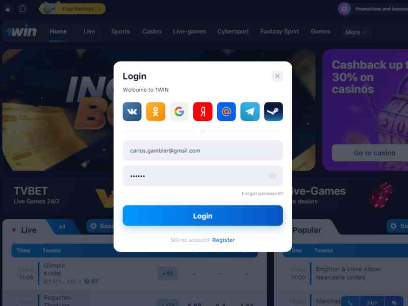 Login to your account on 1win casino official website